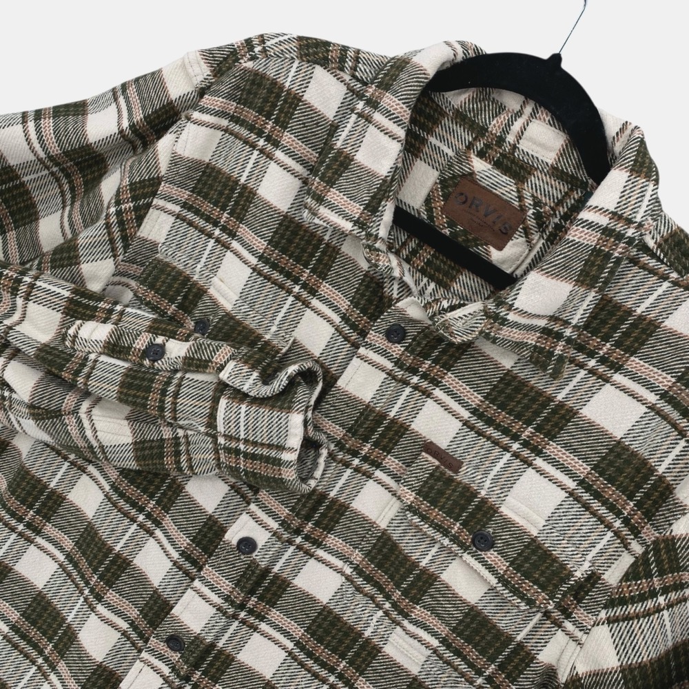 Orvis Plaid Shacket Shirt Mens Large Green Flannel Button Front Pockets